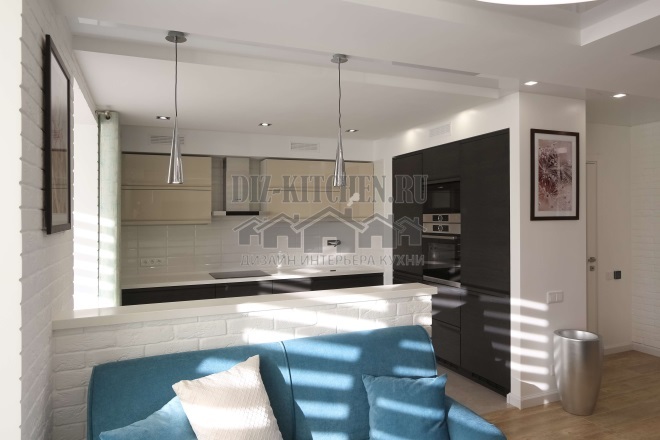 Moderne Oxford-Küche kombiniert mit einem Wohnzimmer, mit Bartheke