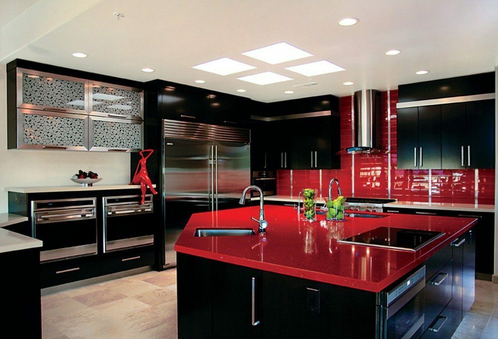 black and white kitchen with red color