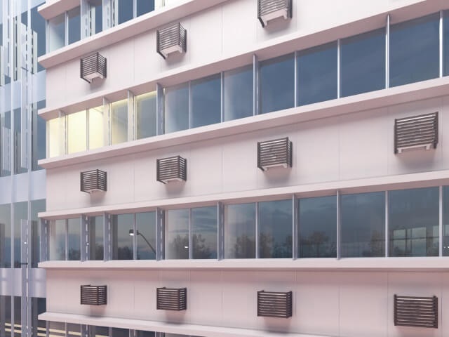 Krepšiai oro kondicionieriams ant pastato fasado 