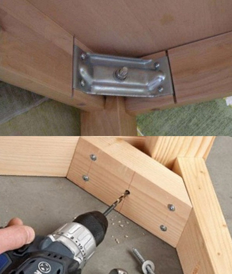 Doe-het-zelf tafel in het prieel: gemaakt van hout, metaal, tekeningen, gefaseerd bouwproces, foto