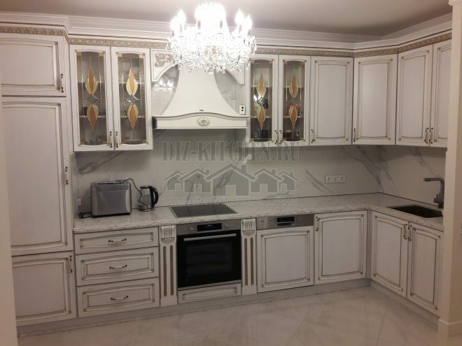 White classic kitchen made of solid oak for 11 sq. m