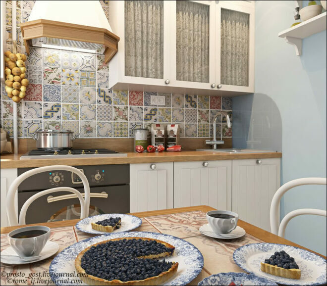 Design of a small white kitchen in Provence style in Khrushchev