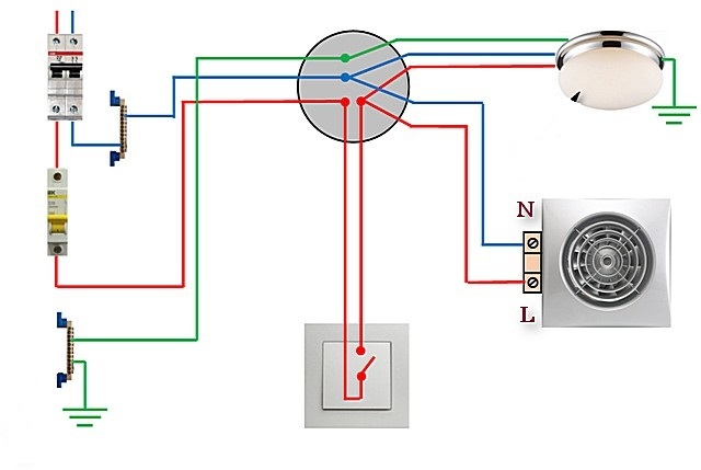 Diagram for tilkobling av en vifte og en lyspære til en én-knapps bryter